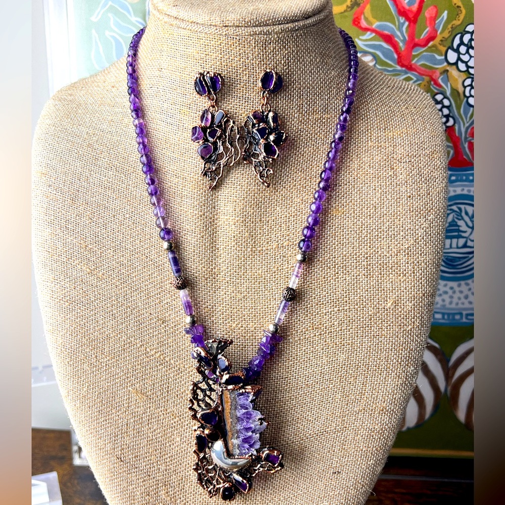 Artisan Amethyst and Copper Necklace and Earring Set